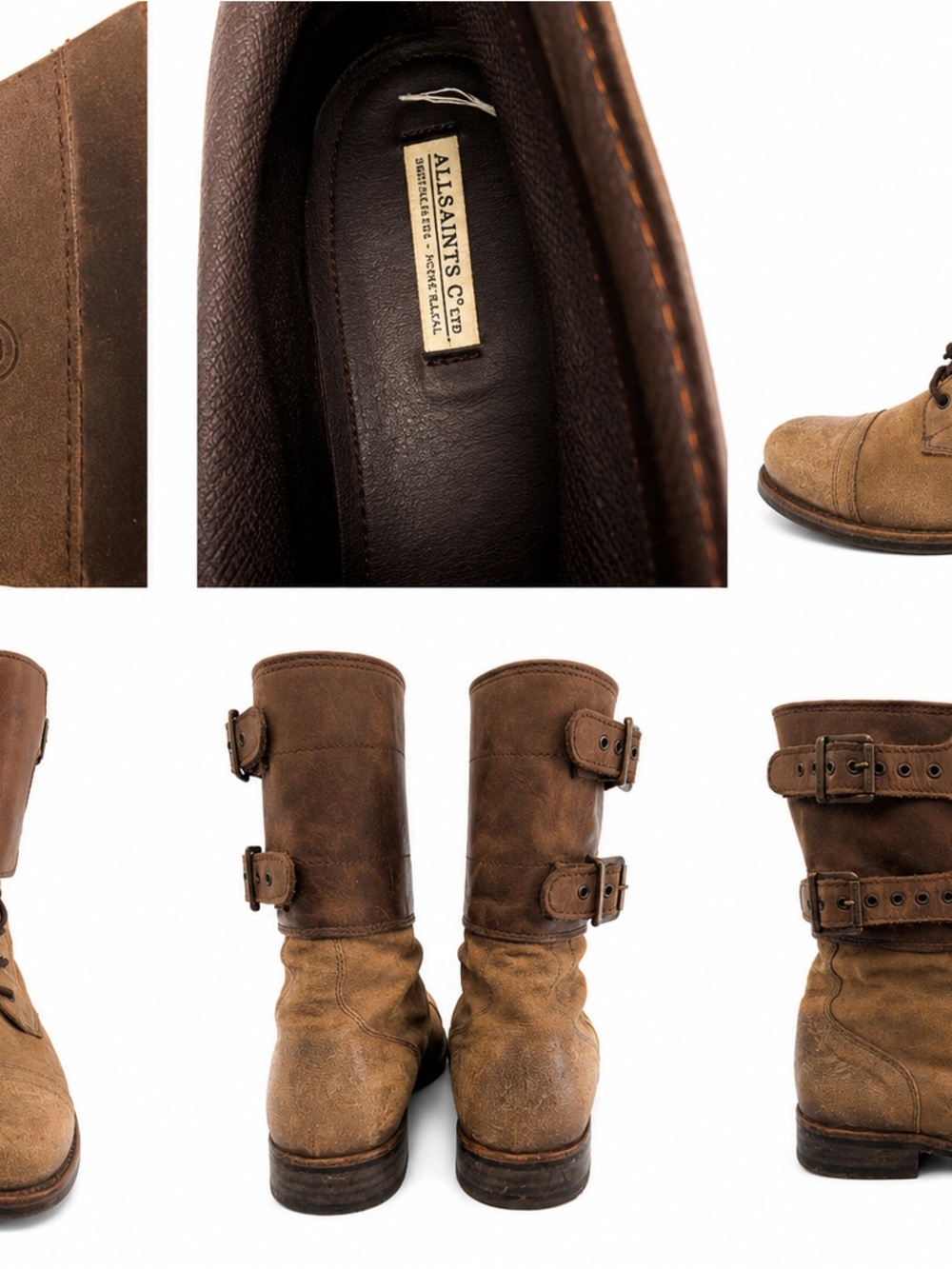 All Saints Brown Suede Leather Buckle Motorcycle Boots size 40 women